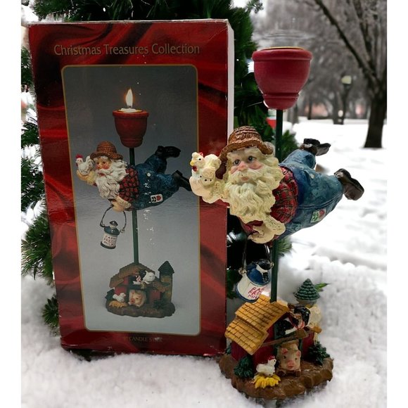 Farmer Santa Claus Candle Holder Rustic Country Christmas Decor Chicken Pig - Picture 1 of 11
